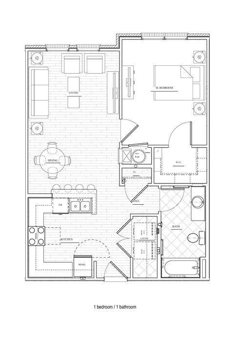 Floor plan for 1 bed, 1 bath, 707 sqft